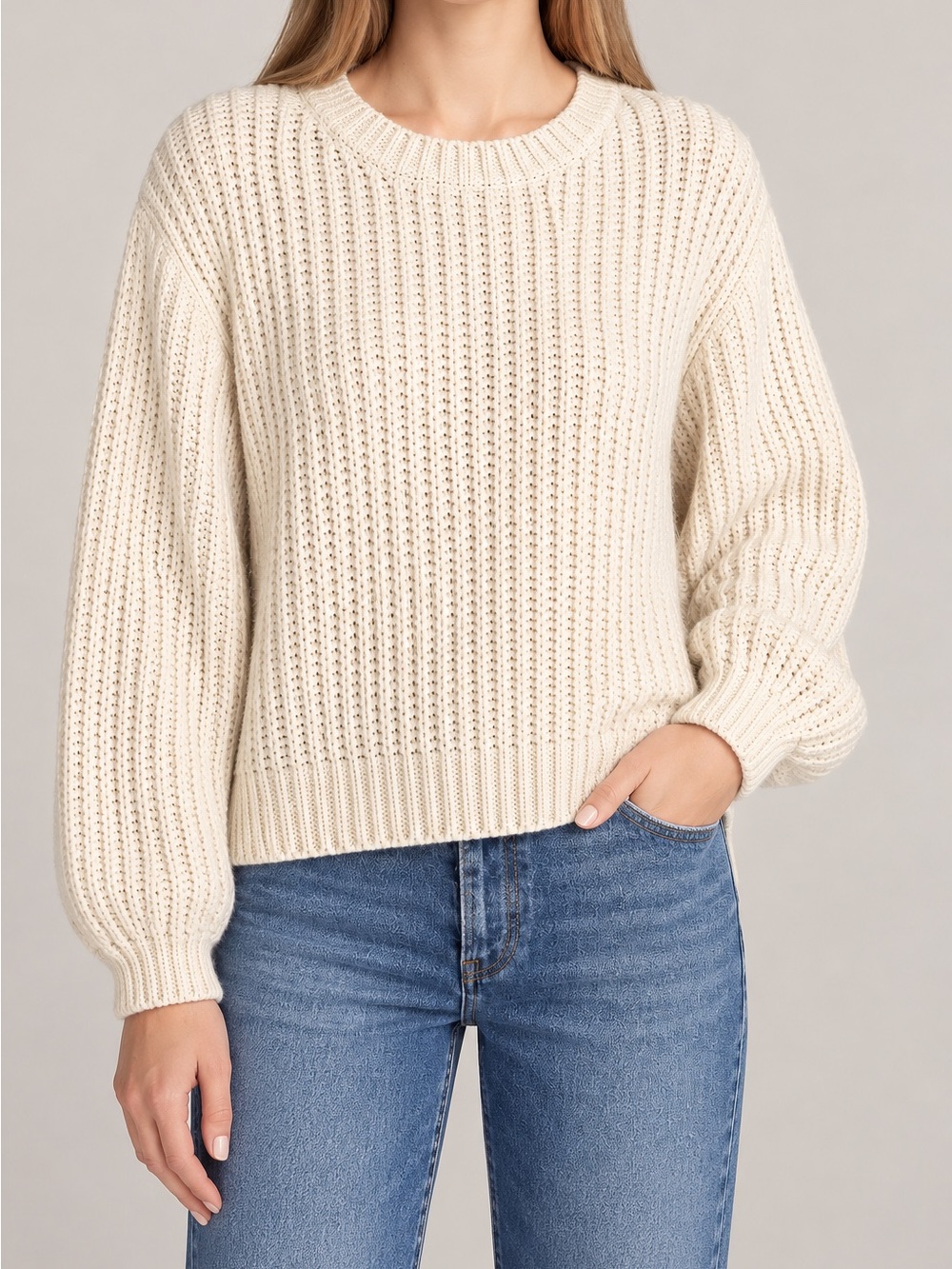 FRAME Off White Textured Knit High Low Sweater Balloon Sleeve Cotton Blend